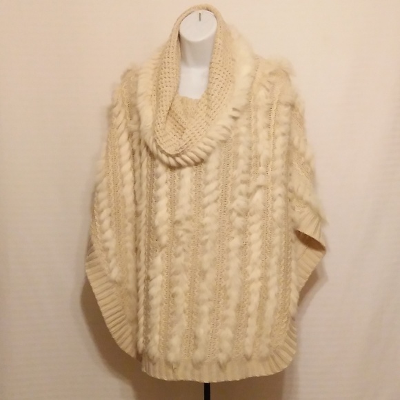 Sweaters - CREAM CABLE KNIT COWL NECK PONCHO RABBIT FUR